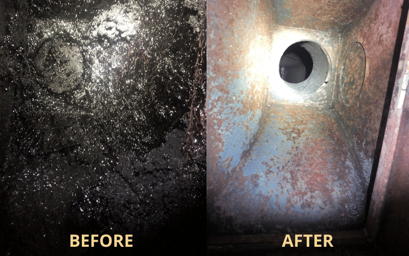 before and after of a dirty chimney